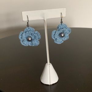 Crochet Blue Flower Pearl Earrings